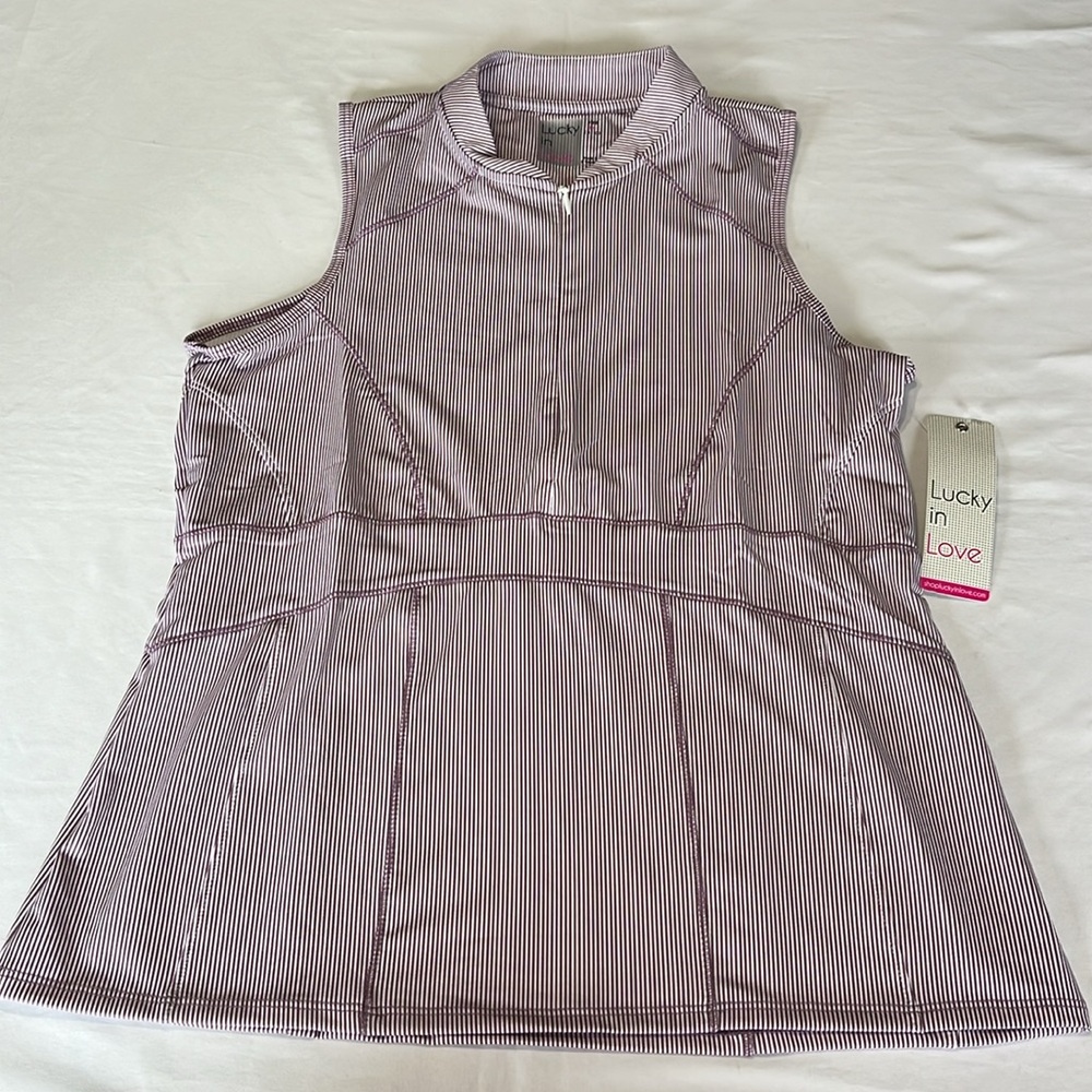 Lucky In Love Womens Architect Stripe Zip Tank Top Dusk Purple SIZE M NWT